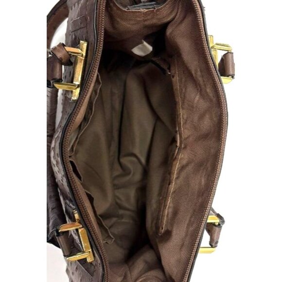 London Fog Brown Ostrich‎ Embossed Satchel Handbag With Shoulder Strap - Picture 4 of 5